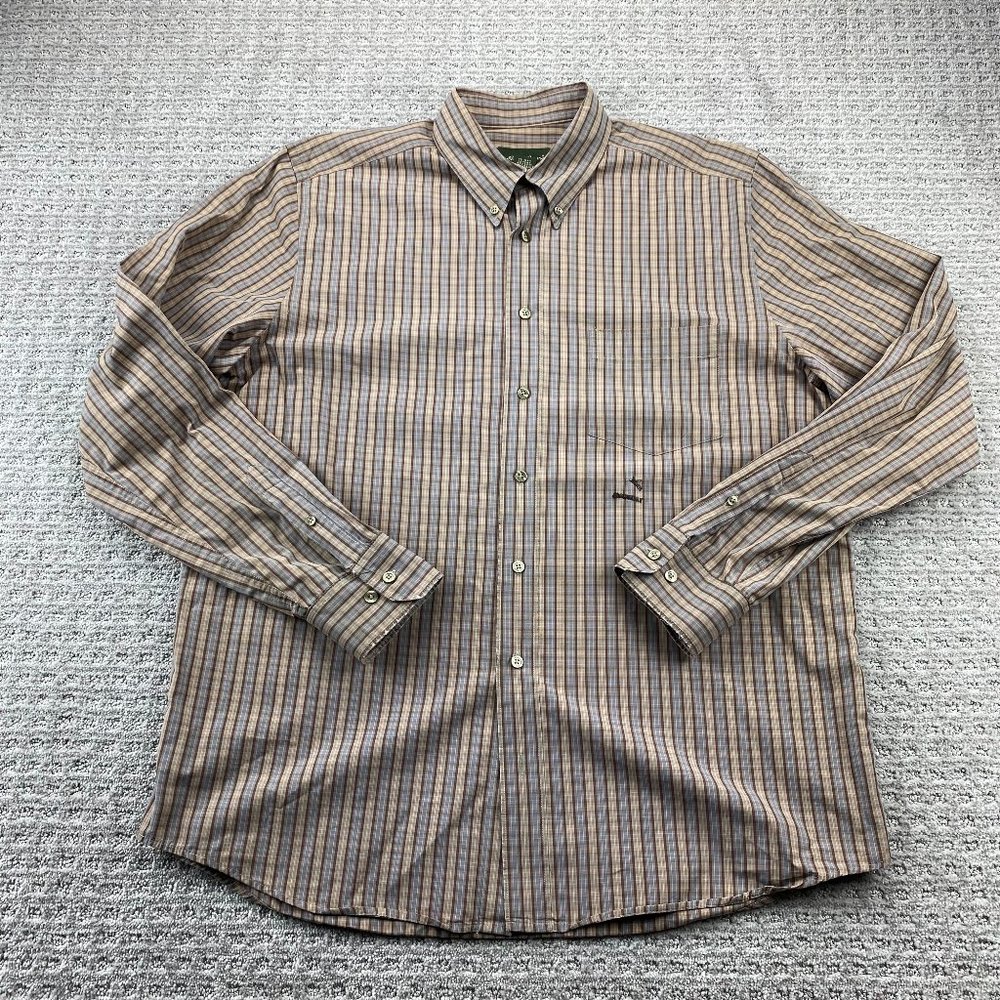 Eddie Bauer Shirt Men Large Tall LT Brown Blue Plaid Button Down DEFECT Stitched